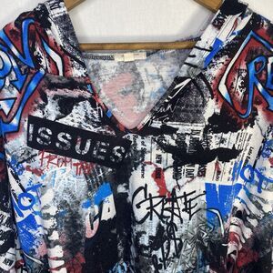 Paper + Tee Graffiti Hoodie V-Neck Pullover Long Sleeves Sweatshirt Womens Sz 3X